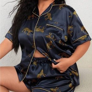 Animal Print Contrast Piping Satin PJ Set